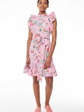 Banjanan Dress Womens L Pink Floral Cotton Poplin Ruffle Mini Bulbul Tropical